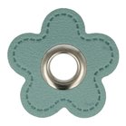 zilverkleurige nestels op licht jeansblauw bloemetje van nepleer: gat diameter 8 mm