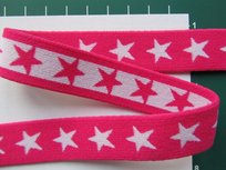 taille-elastiek 2 cm breed: sterren wit op fuchsia /HALVE METER