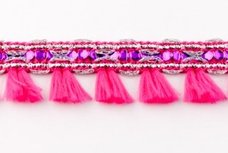 Band met kwastjes en zilver lurex 20 mm, fuchsiaroze