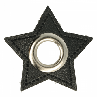 zilverkleurige nestels op ster van zwart nepleer: gat diameter 11 mm