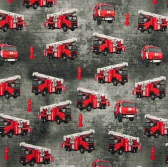 Rode brandweerauto&#039;s op grijs/ digitaal bedrukte tricot