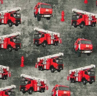 Rode brandweerauto&#039;s op grijs/ digitaal bedrukte tricot