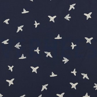 jassenstof witte vogels op donkerblauw