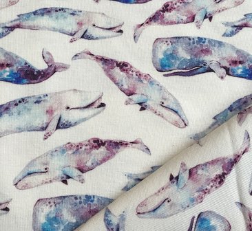 Tricot watercolorprint: walvissen op gebroken wit 