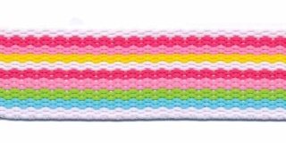 tassenband 2,5 cm breed, wit-fuchsia-geel-groen-blauwe streep