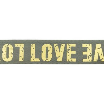 taille-elastiek 4 cm breed: goudkleurige love letters op grijs / HALVE METER