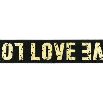 taille-elastiek 4 cm breed: goudkleurige love letters op zwart / HALVE METER