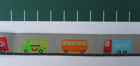 bus, brandweerauto, post, enz op grijs / geweven sierbandje