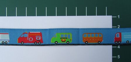 bus, brandweerauto, post, enz op blauw / geweven sierbandje