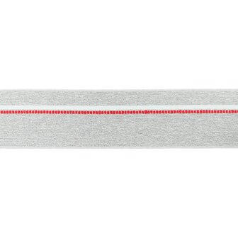 taille-elastiek 4 cm breed: gem&ecirc;leerd lichtgrijs met witte lijn en rode stippelstreep aan &eacute;&eacute;n kant/HALVE METER