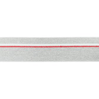 taille-elastiek 4 cm breed: gem&ecirc;leerd lichtgrijs met witte lijn en rode stippelstreep aan &eacute;&eacute;n kant/HALVE METER