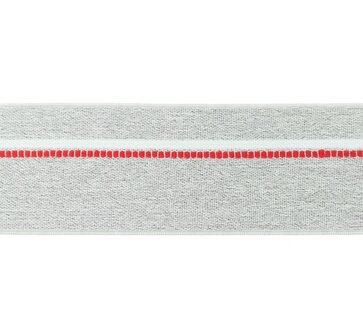 taille-elastiek 4 cm breed: gem&ecirc;leerd lichtgrijs met witte lijn en rode stippelstreep aan &eacute;&eacute;n kant/HALVE METER