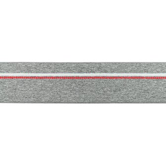 taille-elastiek 4 cm breed: gem&ecirc;leerd grijs met witte lijn en rode stippelstreep aan &eacute;&eacute;n kant/HALVE METER