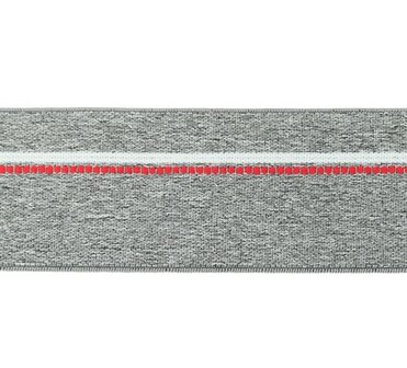taille-elastiek 4 cm breed: gem&ecirc;leerd grijs met witte lijn en rode stippelstreep aan &eacute;&eacute;n kant/HALVE METER