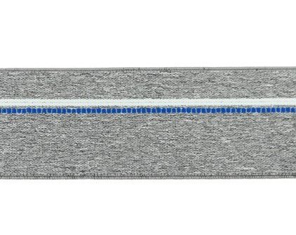 taille-elastiek 4 cm breed: gem&ecirc;leerd grijs met witte lijn en blauwe stippelstreep aan &eacute;&eacute;n kant/HALVE METER