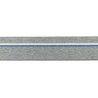taille-elastiek 4 cm breed: gem&ecirc;leerd grijs met witte lijn en blauwe stippelstreep aan &eacute;&eacute;n kant/HALVE METER
