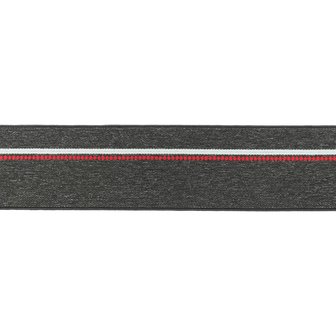 taille-elastiek 4 cm breed: gem&ecirc;leerd donkergrijs met witte lijn en rode stippelstreep aan &eacute;&eacute;n kant/HALVE METER