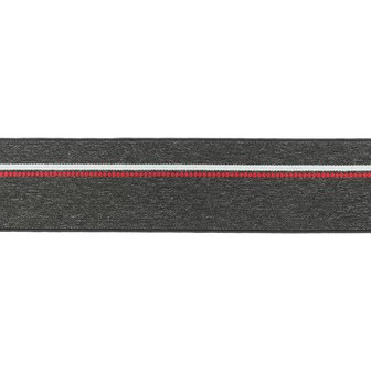 taille-elastiek 4 cm breed: gem&ecirc;leerd donkergrijs met witte lijn en rode stippelstreep aan &eacute;&eacute;n kant/HALVE METER