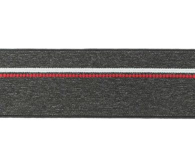 taille-elastiek 4 cm breed: gem&ecirc;leerd donkergrijs met witte lijn en rode stippelstreep aan &eacute;&eacute;n kant/HALVE METER