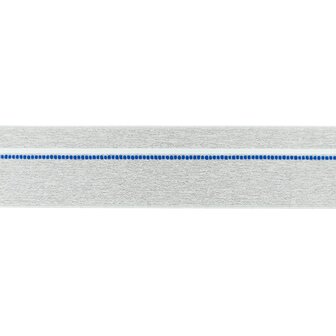 taille-elastiek 4 cm breed: gem&ecirc;leerd lichtgrijs met witte lijn en blauwe stippelstreep aan &eacute;&eacute;n kant/HALVE METER