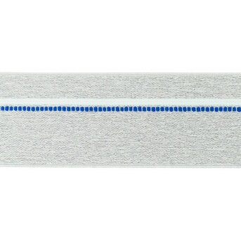 taille-elastiek 4 cm breed: gem&ecirc;leerd lichtgrijs met witte lijn en blauwe stippelstreep aan &eacute;&eacute;n kant/HALVE METER