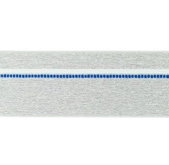 taille-elastiek 4 cm breed: gem&ecirc;leerd lichtgrijs met witte lijn en blauwe stippelstreep aan &eacute;&eacute;n kant/HALVE METER