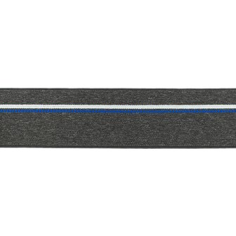 taille-elastiek 4 cm breed: gem&ecirc;leerd donkergrijs met witte lijn en blauwe stippelstreep aan &eacute;&eacute;n kant/HALVE METER