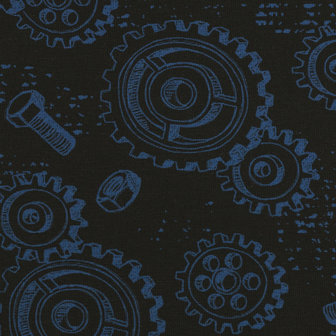 Happy Metal: tricot met schroeven, moeren en tandwielen op donkerblauw