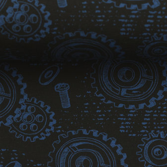 Happy Metal: tricot met schroeven, moeren en tandwielen op donkerblauw
