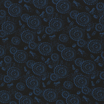 Happy Metal: tricot met schroeven, moeren en tandwielen op donkerblauw