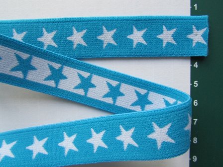 taille-elastiek 2 cm breed: sterren wit met turquoise /HALVE METER