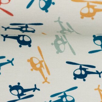Klaas: helikopters in rood, oker, petrol, donkerblauw en lichtblauw-grijs op wolwitte tricot