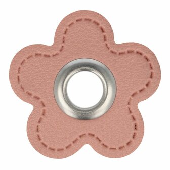zilverkleurige nestels op roze  bloemetje van nepleer: gat diameter 8 mm