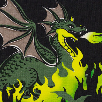 Mystic Dragons by Steinbeck: zwarte katoen met draken en vlammen in felle geel-groene kleuren. 