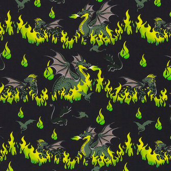 Mystic Dragons by Steinbeck: zwarte katoen met draken en vlammen in felle geel-groene kleuren. 