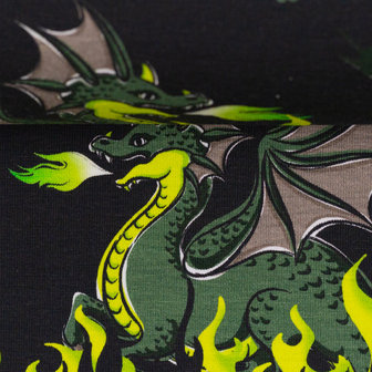 Mystic Dragons by Steinbeck: zwarte katoen met draken en vlammen in felle geel-groene kleuren. 
