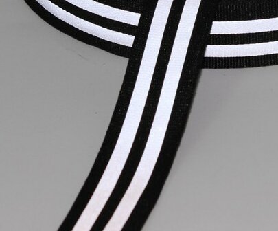 25 mm breed zwart ribsband met reflecterende donker-zilveren strepen 