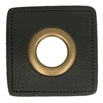 bronskleurige nestels op zwart vierkant van nepleer: gat diameter 11 mm