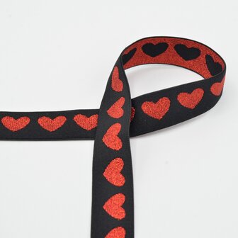 taille-elastiek 2,5 cm breed: glanzende rode hartjes op zwart / HALVE METER