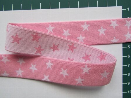 taille-elastiek 2,5 cm breed: kleine sterren wit met roze /HALVE METER