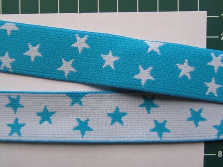 taille-elastiek 2,5 cm breed: kleine sterren wit met turquoise /HALVE METER