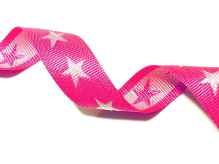 tassenband met sterren 4 cm breed: fuchsia/wit