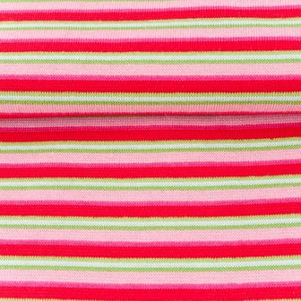 fijne boordstof gestreept: roze/fuchsia/rood met een smal streepje groen