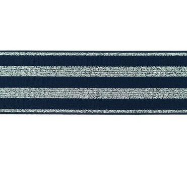 elastiek 4 cm breed:strepen lurex op donkerblauw/ HALVE METER