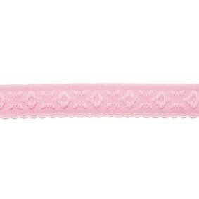 roze omvouwelastiek met geweven figuurtje aan &eacute;&eacute;n kant en een klein schulprandje op de vouw