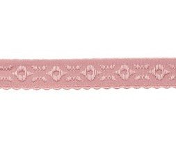 oud roze omvouwelastiek met geweven figuurtje aan &eacute;&eacute;n kant en een klein schulprandje op de vouw