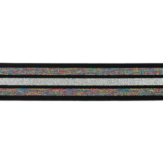 taille-elastiek 4 cm breed:strepen lurex regenboogkleuren en zilver op zwart/ HALVE METER