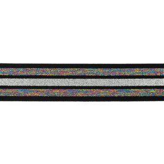 taille-elastiek 4 cm breed:strepen lurex regenboogkleuren en zilver op zwart/ HALVE METER