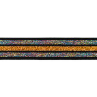 taille-elastiek 4 cm breed:strepen lurex regenboogkleuren en oranje/goud op zwart/ HALVE METER