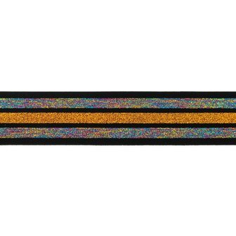 taille-elastiek 4 cm breed:strepen lurex regenboogkleuren en oranje/goud op zwart/ HALVE METER